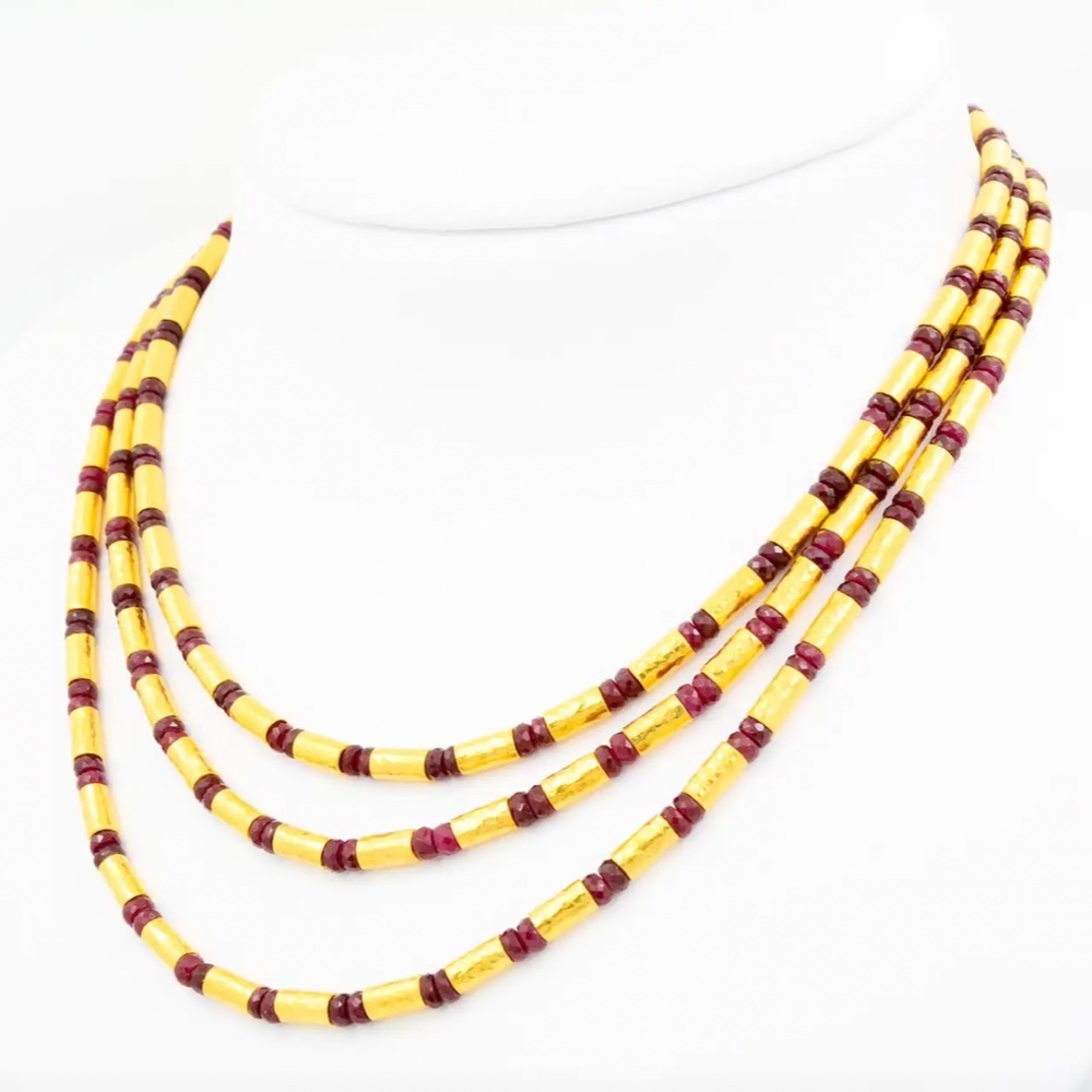 Gurhan 24K Gold & Ruby 3 Strand Necklace - Picture 2 of 8